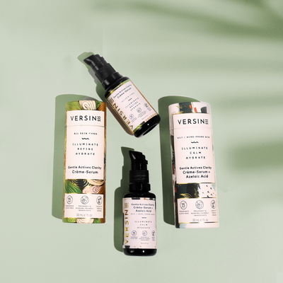 Protect, calm, refine. Eco-conscious serums with glass packaging, over soothing green background. Take your skincare routine seamlessly from morning til night with our two easy-to-use serums.